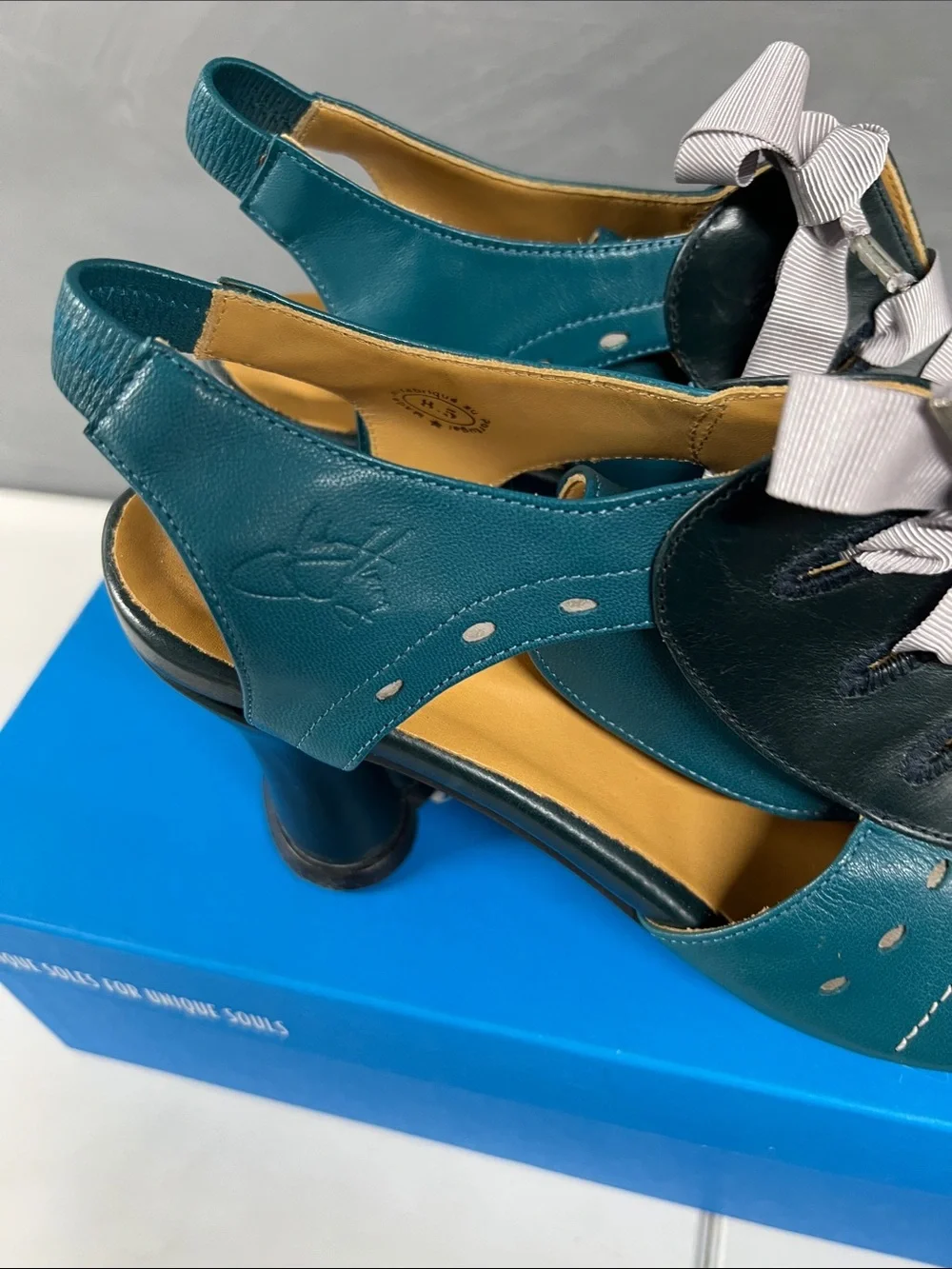 John Fluevog Teal and Black Slingback Heels with Ribbon Tie - Picture 4 of 8